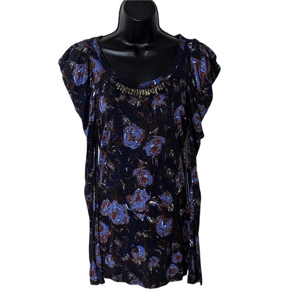 Simply Vera Abstract Floral Pleated Puff Sleeve Embellished Knit Top Size XS NWT - Picture 1 of 7